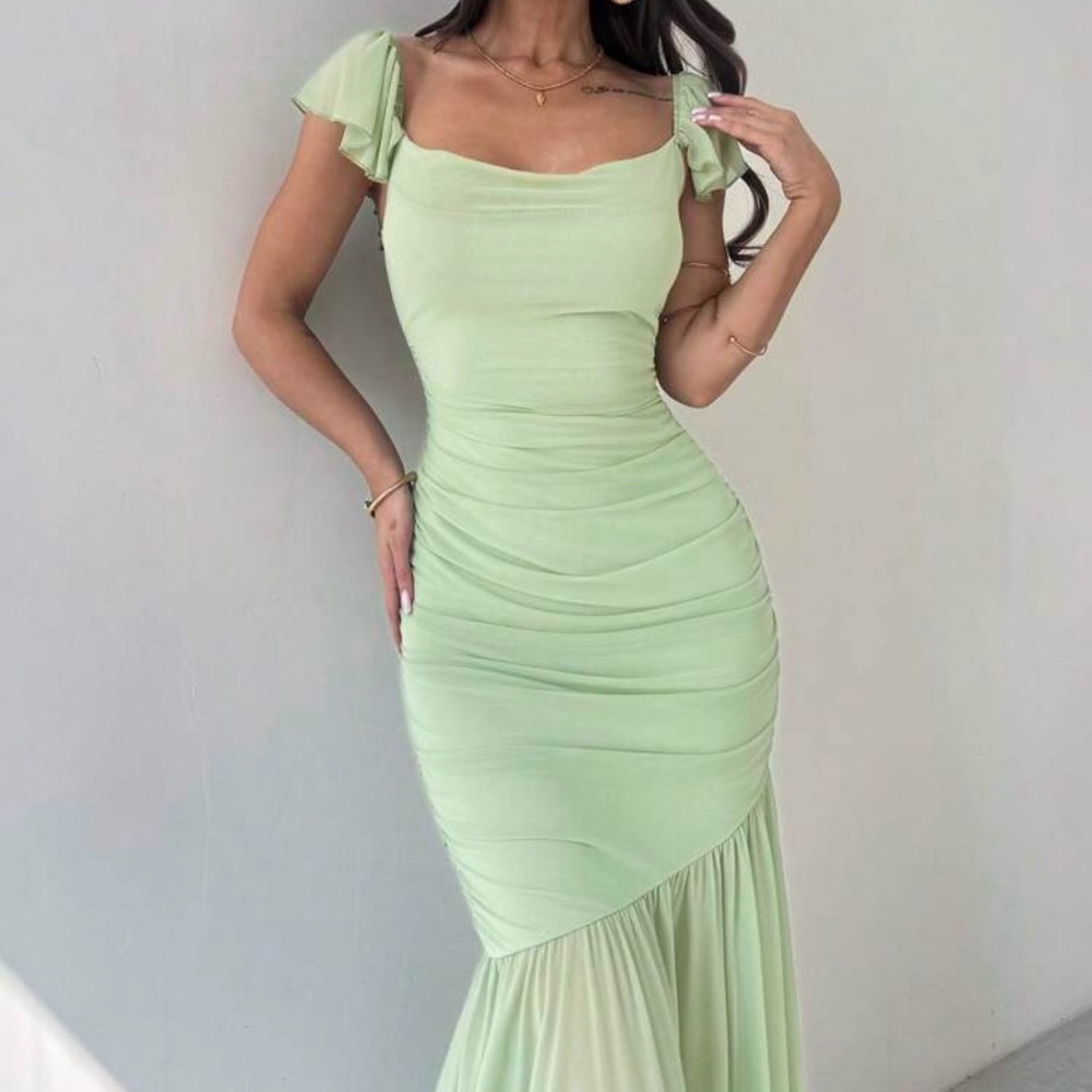 Elegant Mint Green Ruffle Sleeve Dress